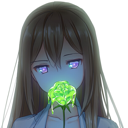 My profile picture: Kurisu Makise holding a toxic green jellylike rose.